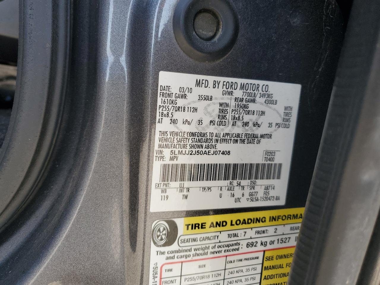 2010 Lincoln Navigator VIN: 5LMJJ2J50AEJ07408 Lot: 58771095