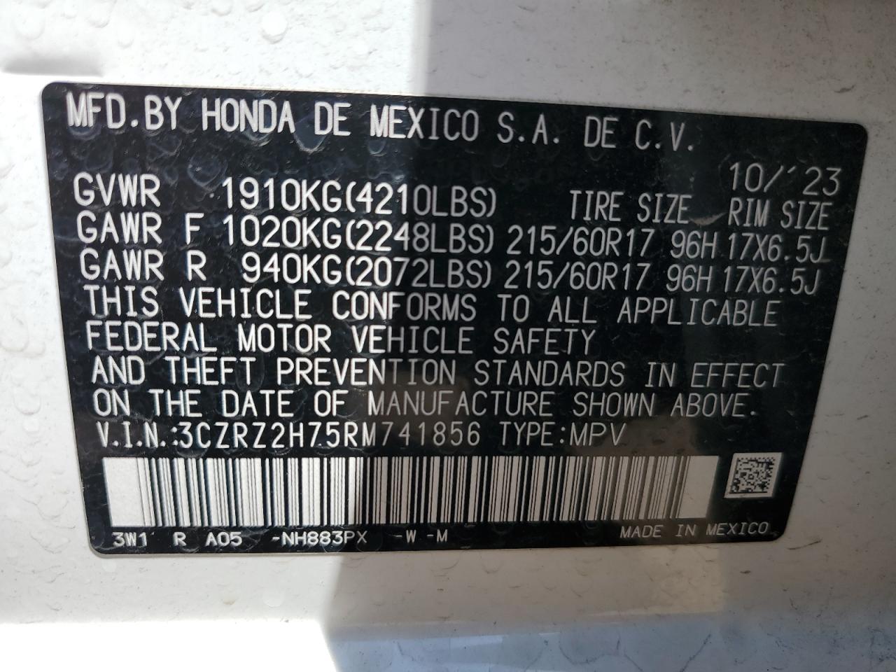 2024 Honda Hr-V Exl VIN: 3CZRZ2H75RM741856 Lot: 56608415