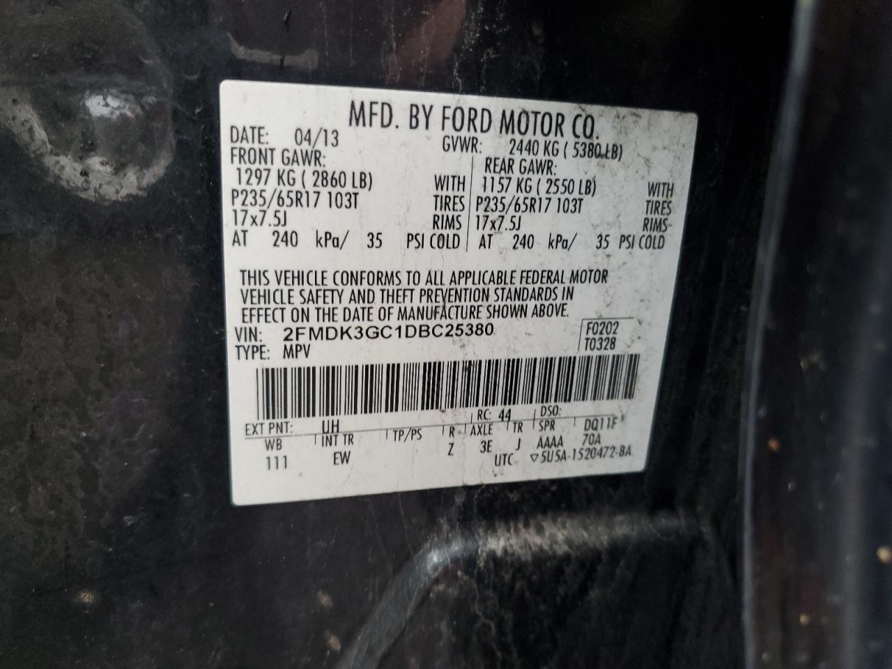 2013 Ford Edge Se VIN: 2FMDK3GC1DBC25380 Lot: 56995995