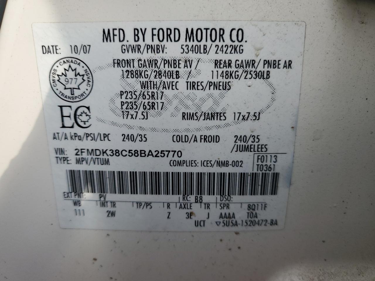 2008 Ford Edge Sel VIN: 2FMDK38C58BA25770 Lot: 57062115