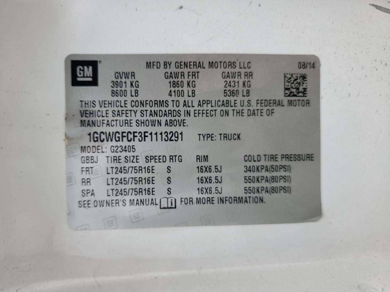 2015 Chevrolet Express G2500 VIN: 1GCWGFCF3F1113291 Lot: 57184965