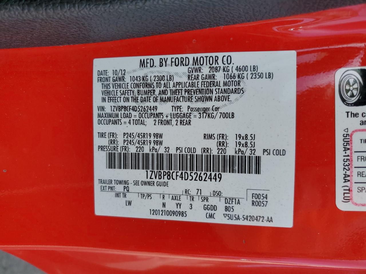 2013 Ford Mustang Gt VIN: 1ZVBP8CF4D5262449 Lot: 57506325