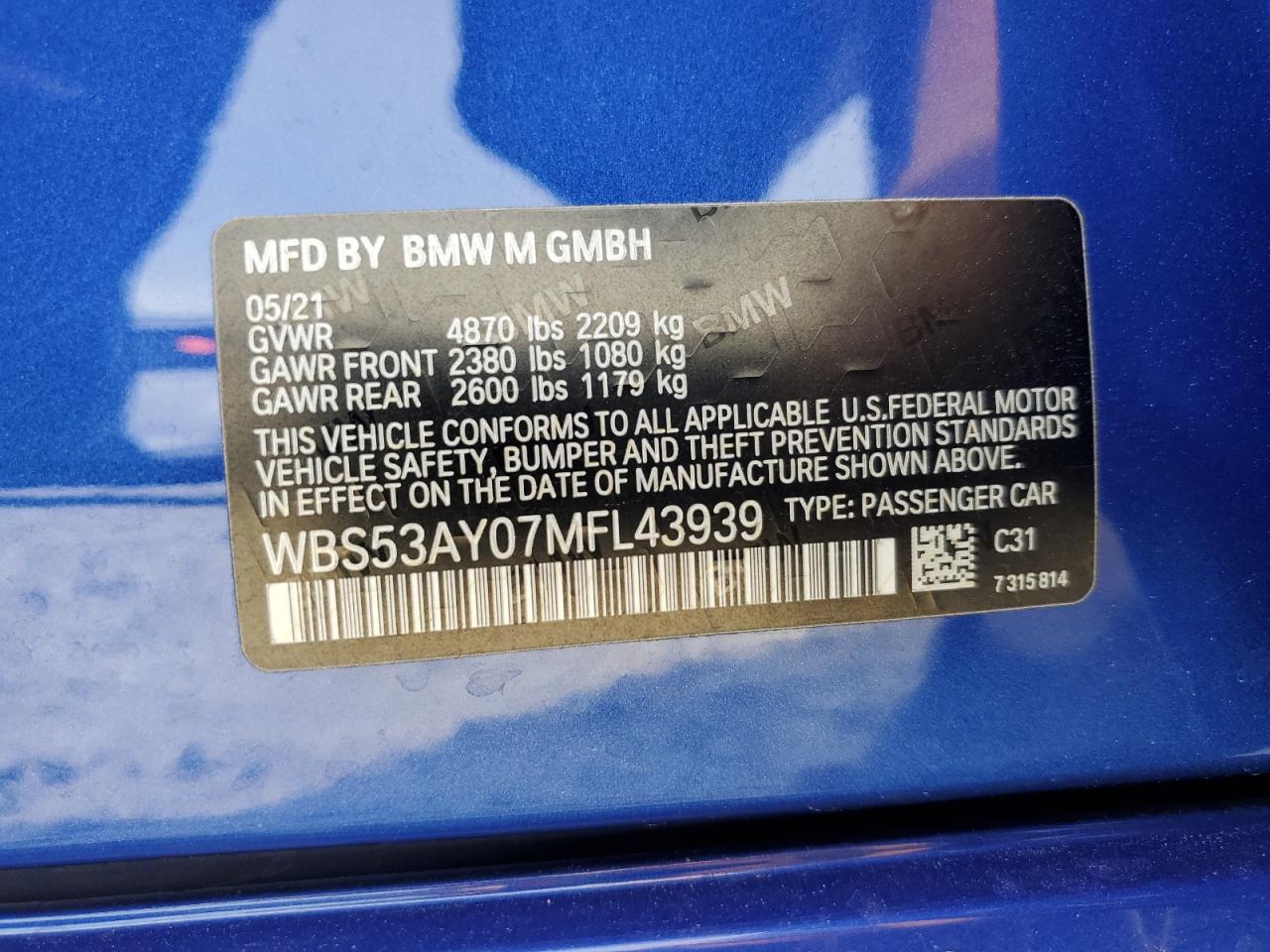 2021 BMW M3 VIN: WBS53AY07MFL43939 Lot: 56585695