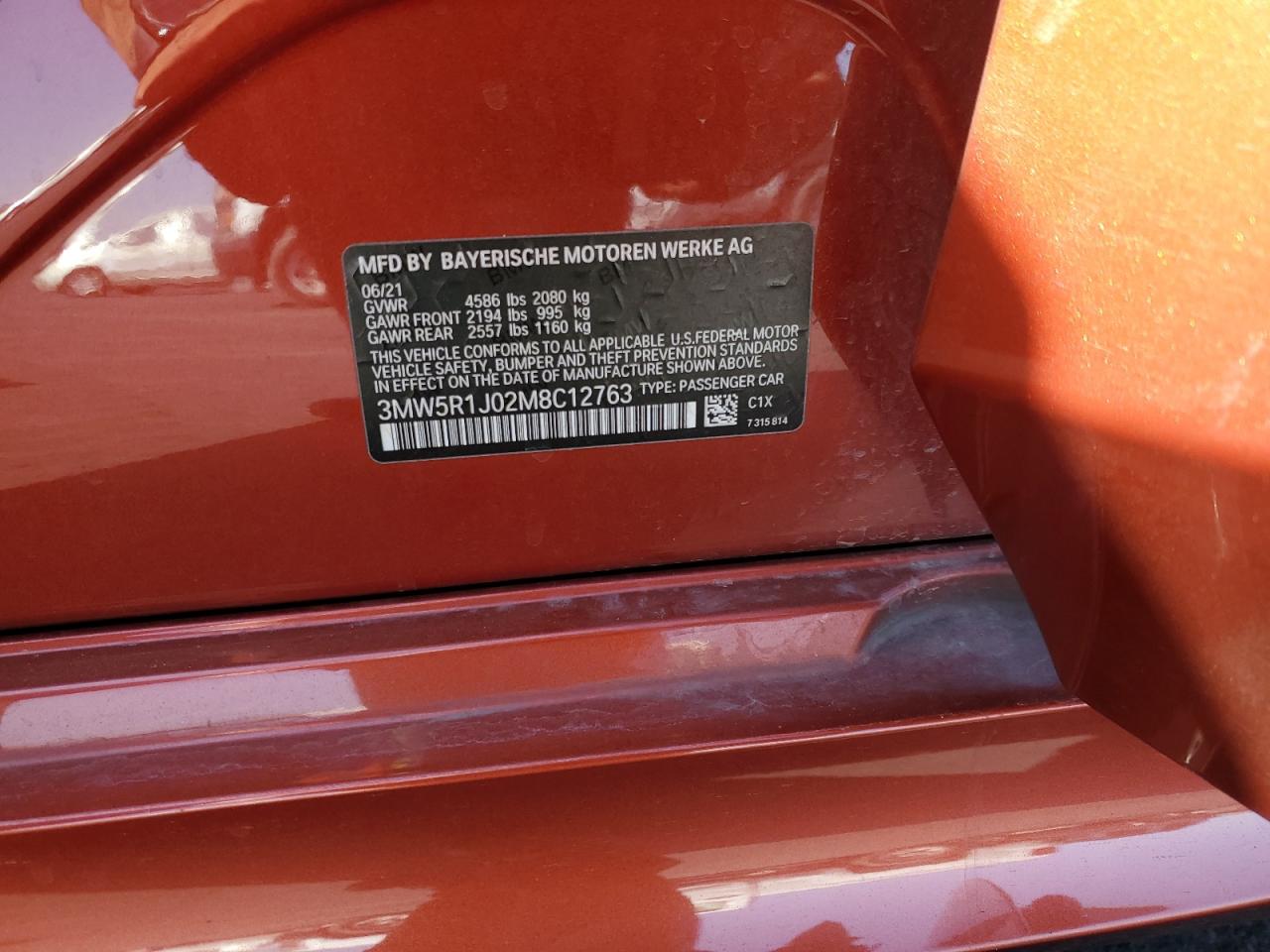 2021 BMW 330I VIN: 3MW5R1J02M8C12763 Lot: 58341255