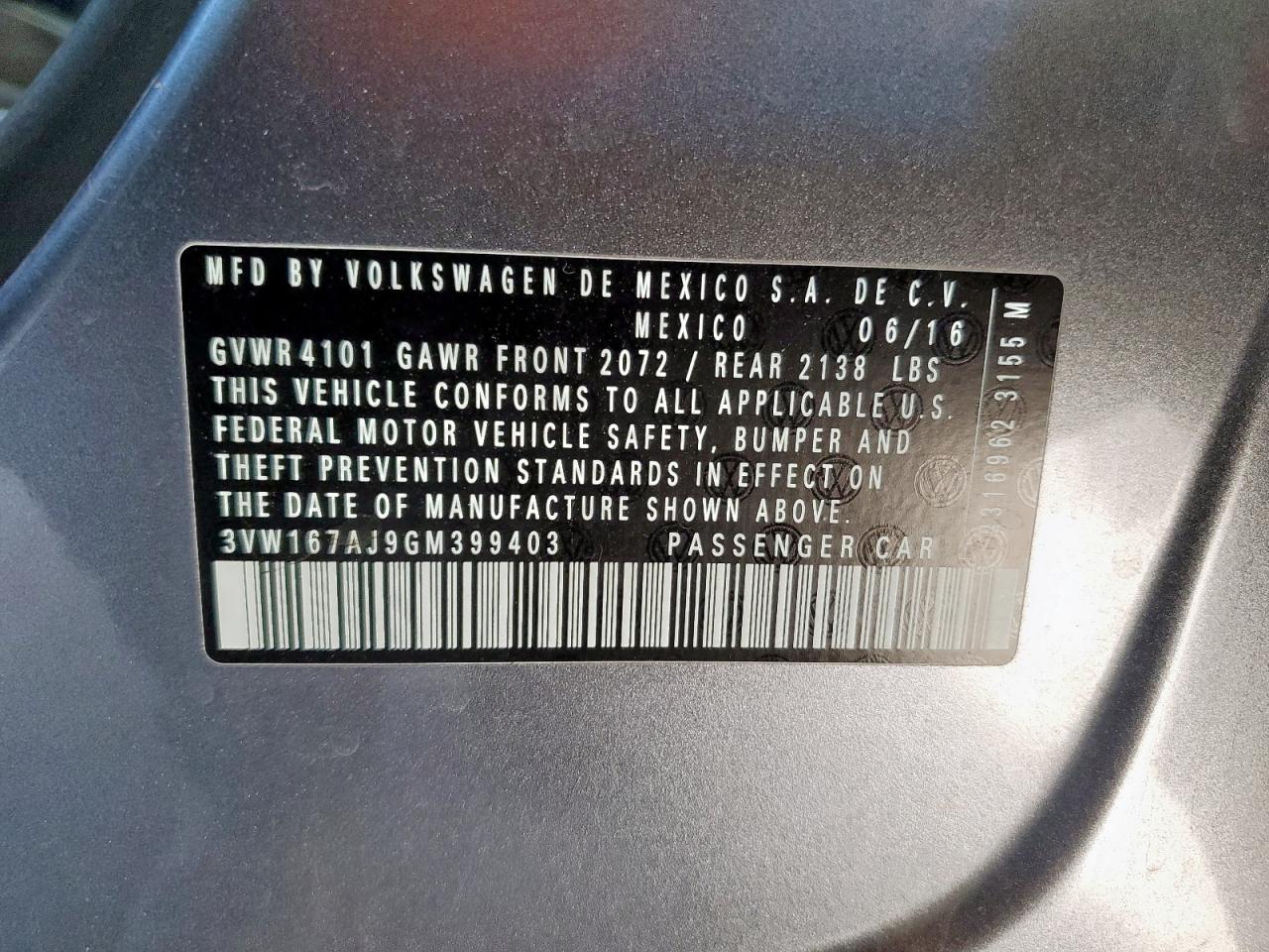 2016 Volkswagen Jetta S VIN: 3VW167AJ9GM399403 Lot: 57897285