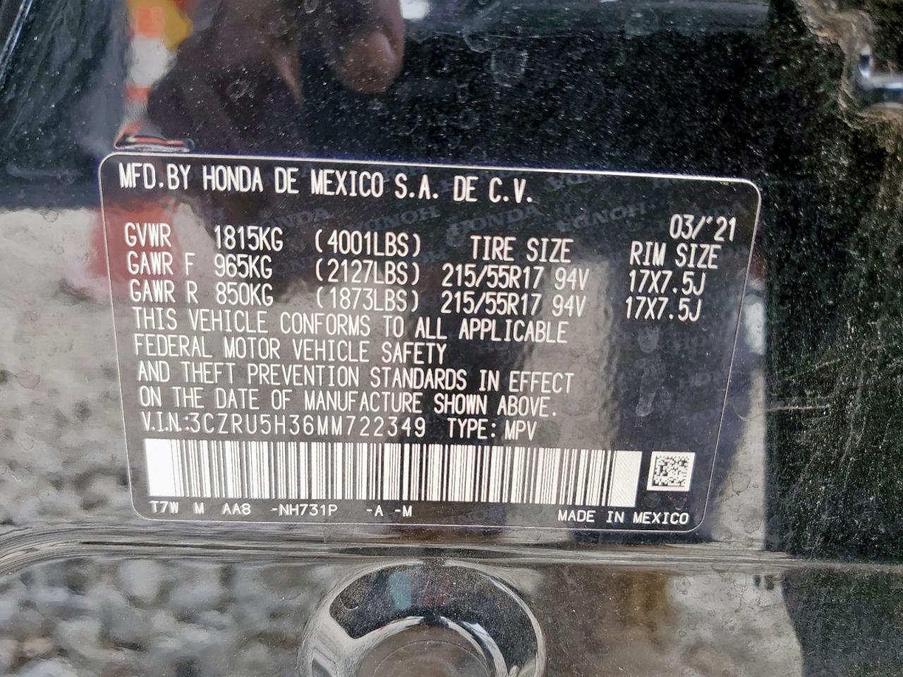2021 Honda Hr-V Lx VIN: 3CZRU5H36MM722349 Lot: 57089395