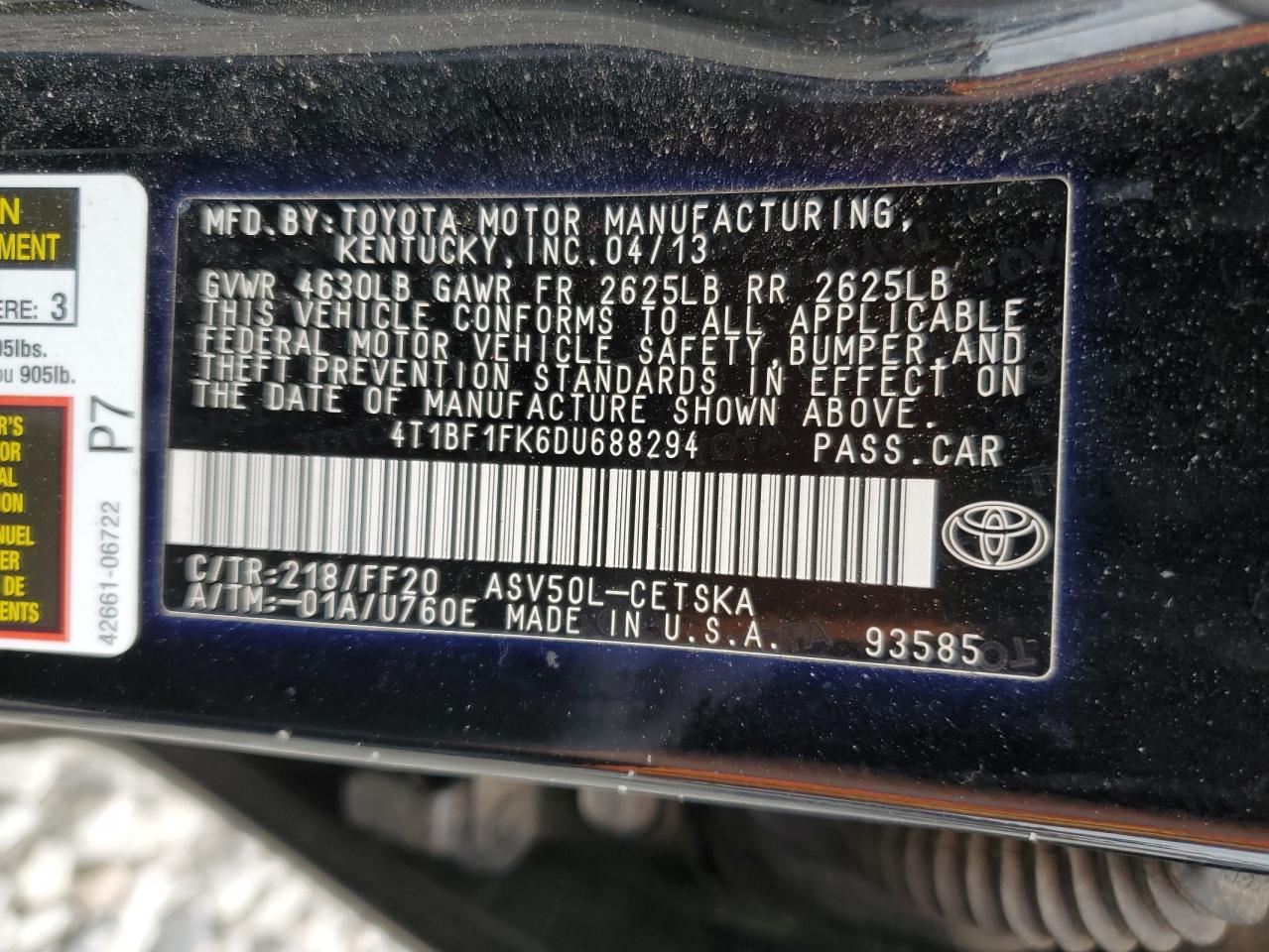 2013 Toyota Camry L VIN: 4T1BF1FK6DU688294 Lot: 56477305