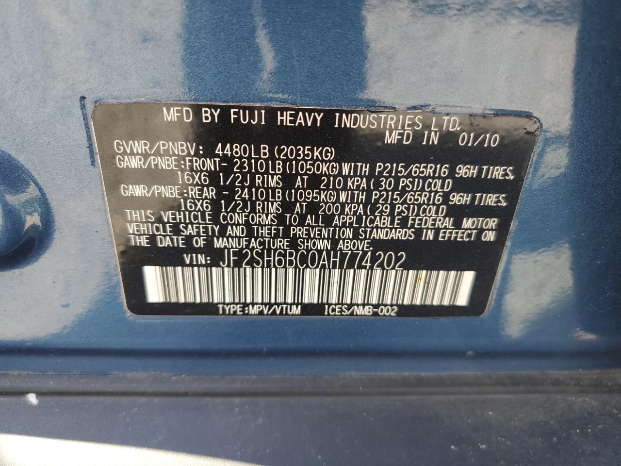 2010 Subaru Forester Xs VIN: JF2SH6BC0AH774202 Lot: 56316825