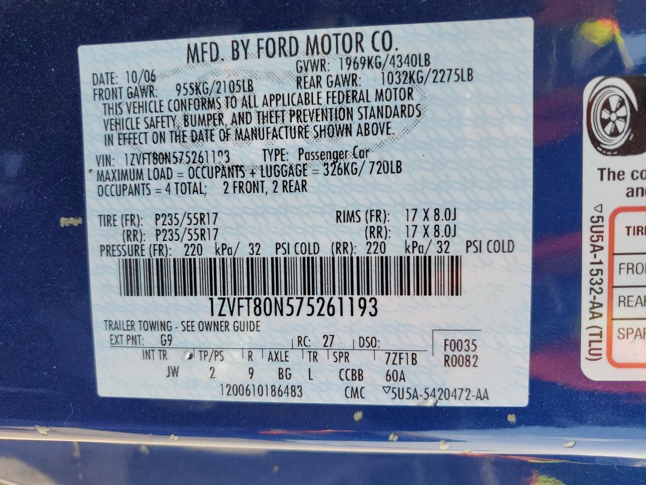 2007 Ford Mustang VIN: 1ZVFT80N575261193 Lot: 57498025