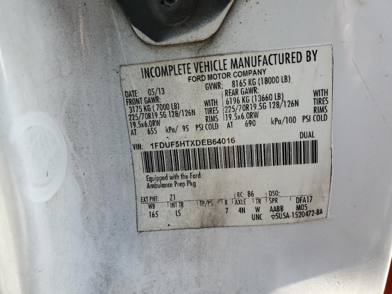2013 Ford F550 Super Duty VIN: 1FDUF5HTXDEB64016 Lot: 57952275