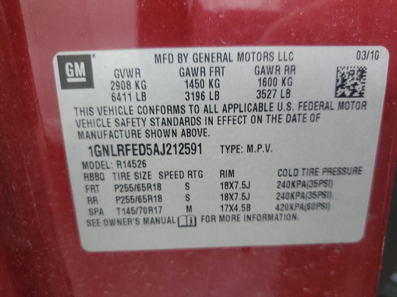 2010 Chevrolet Traverse Lt VIN: 1GNLRFED5AJ212591 Lot: 57852975