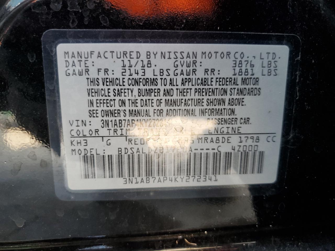 2019 Nissan Sentra S VIN: 3N1AB7AP4KY272341 Lot: 58923235