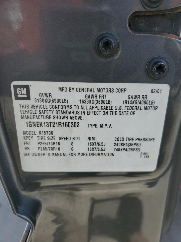 2001 Chevrolet Tahoe K1500 VIN: 1GNEK13T21R160302 Lot: 56788315