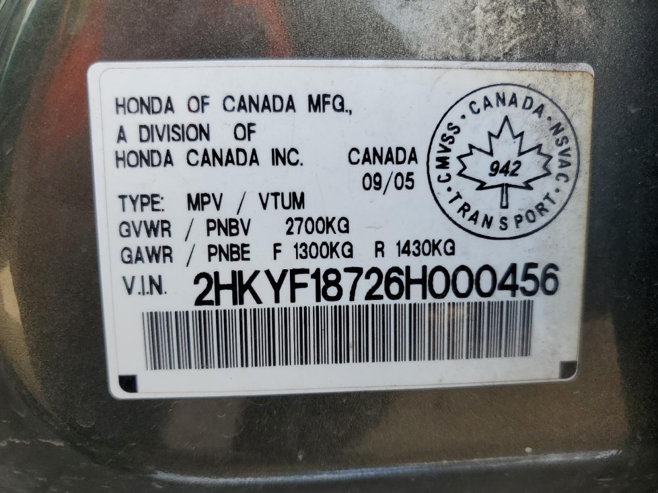 2006 Honda Pilot Ex VIN: 2HKYF18726H000456 Lot: 57342885
