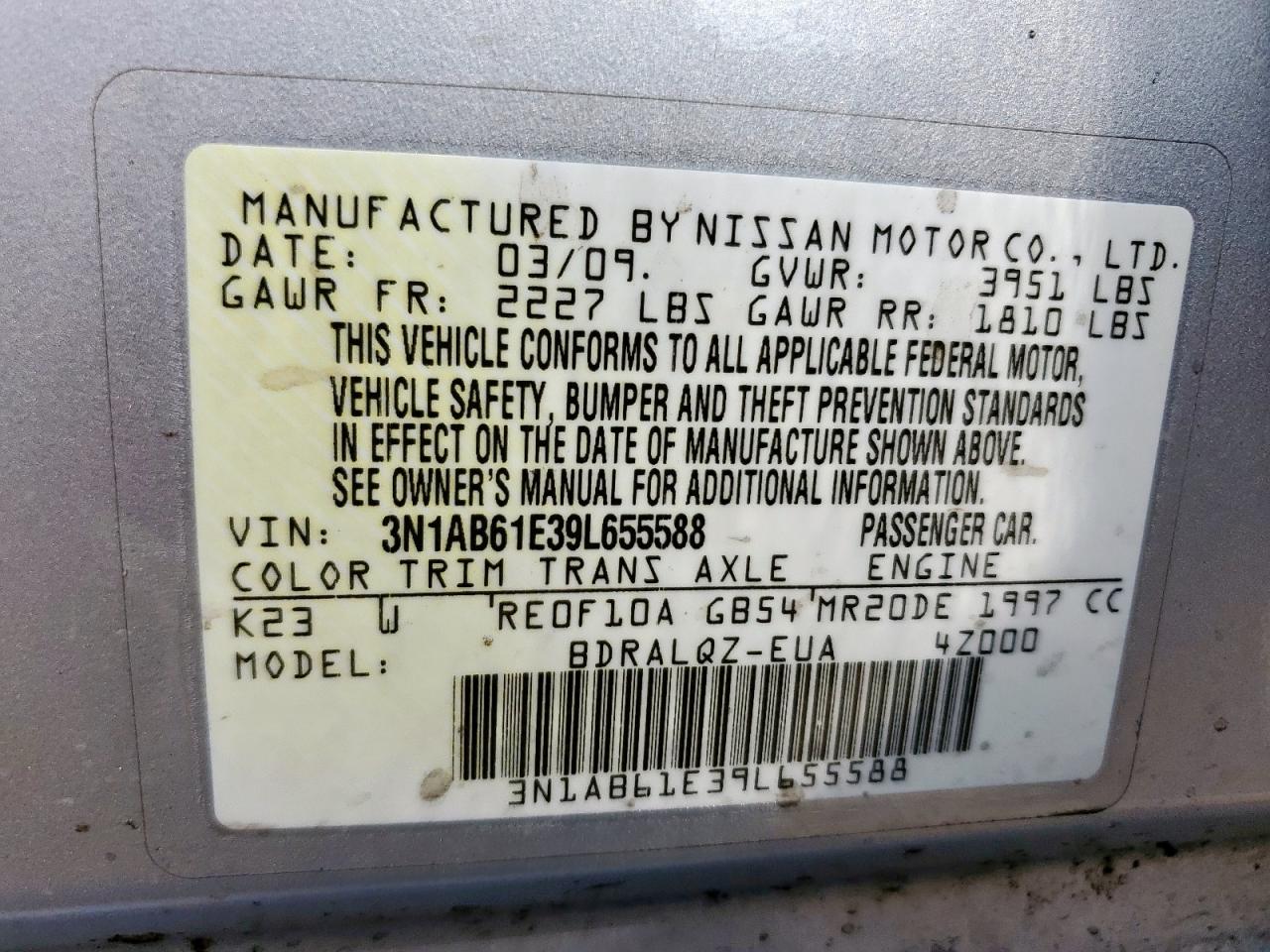 2009 Nissan Sentra 2.0 VIN: 3N1AB61E39L655588 Lot: 56031585