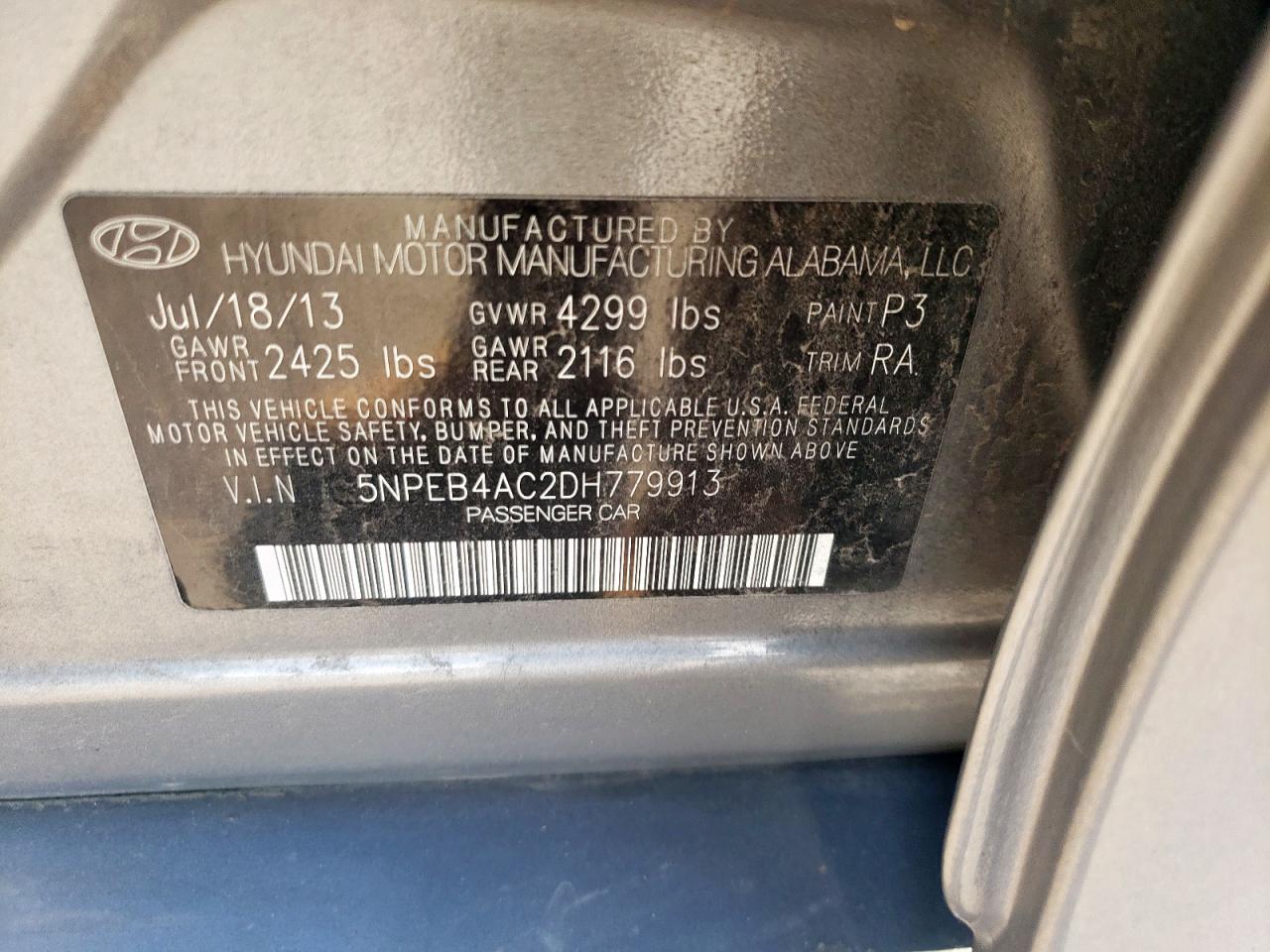 2013 Hyundai Sonata Gls VIN: 5NPEB4AC2DH779913 Lot: 56712155