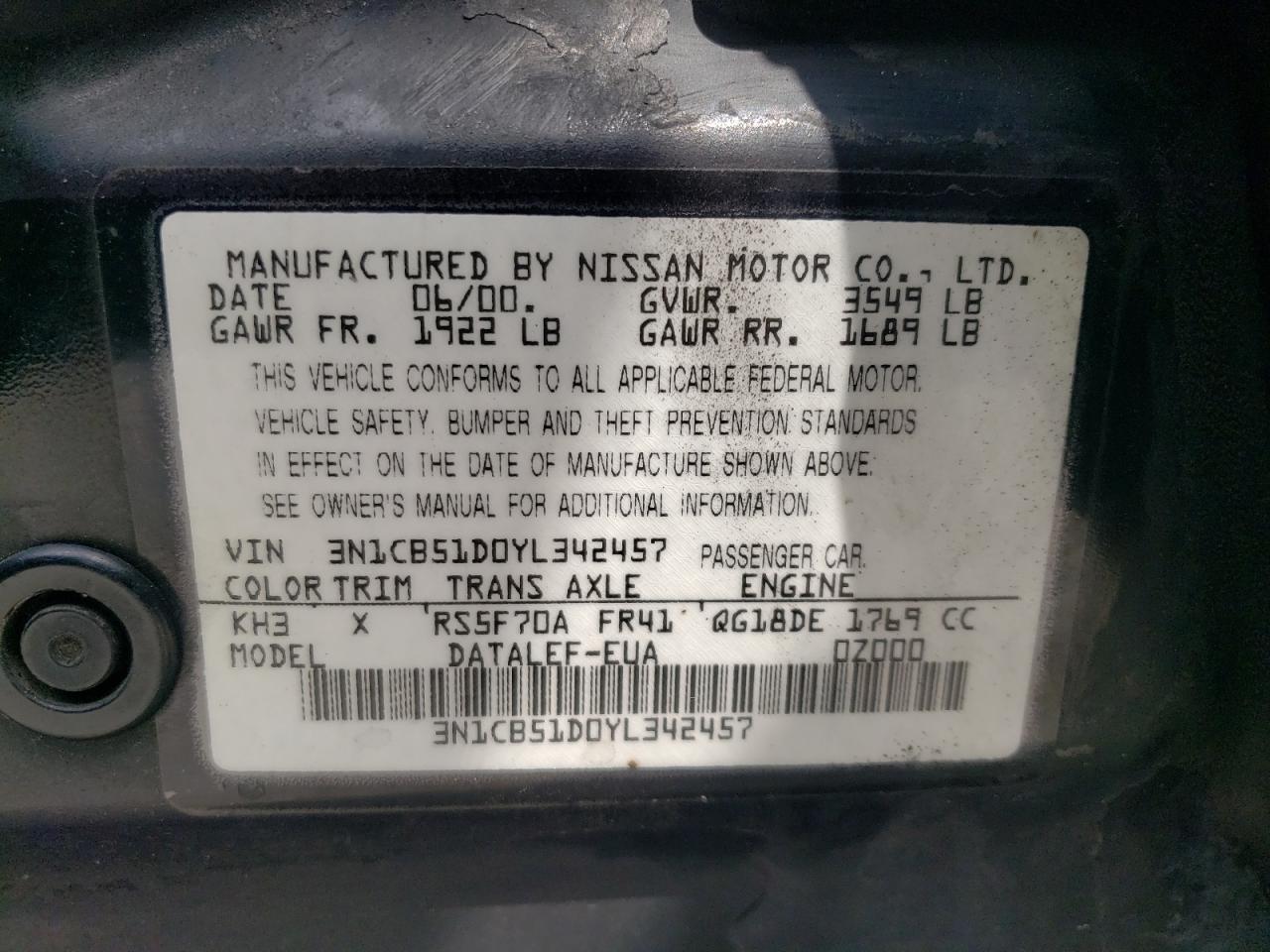 2000 Nissan Sentra Base VIN: 3N1CB51D0YL342457 Lot: 55989485