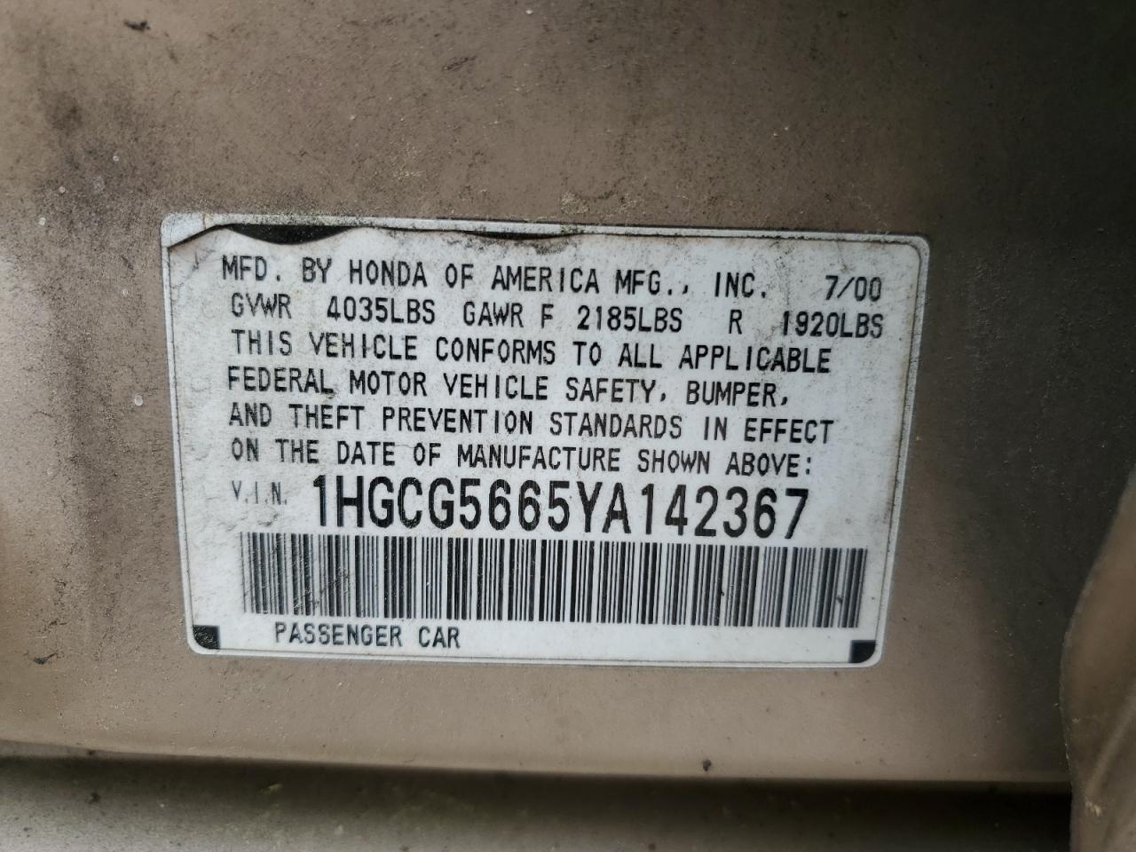 2000 Honda Accord Ex VIN: 1HGCG5665YA142367 Lot: 56630985