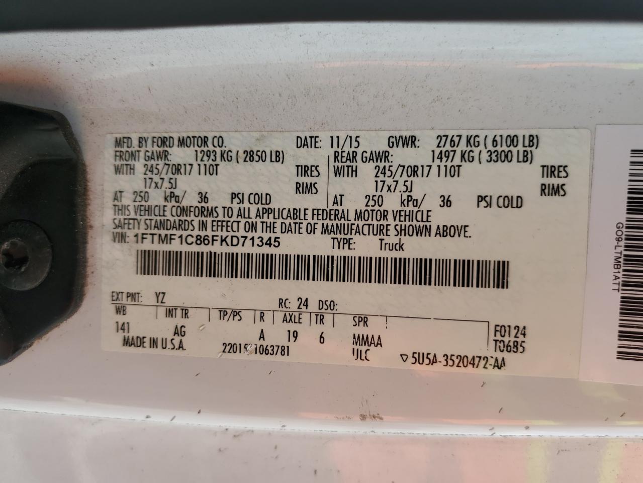 2015 Ford F150 VIN: 1FTMF1C86FKD71345 Lot: 57635515