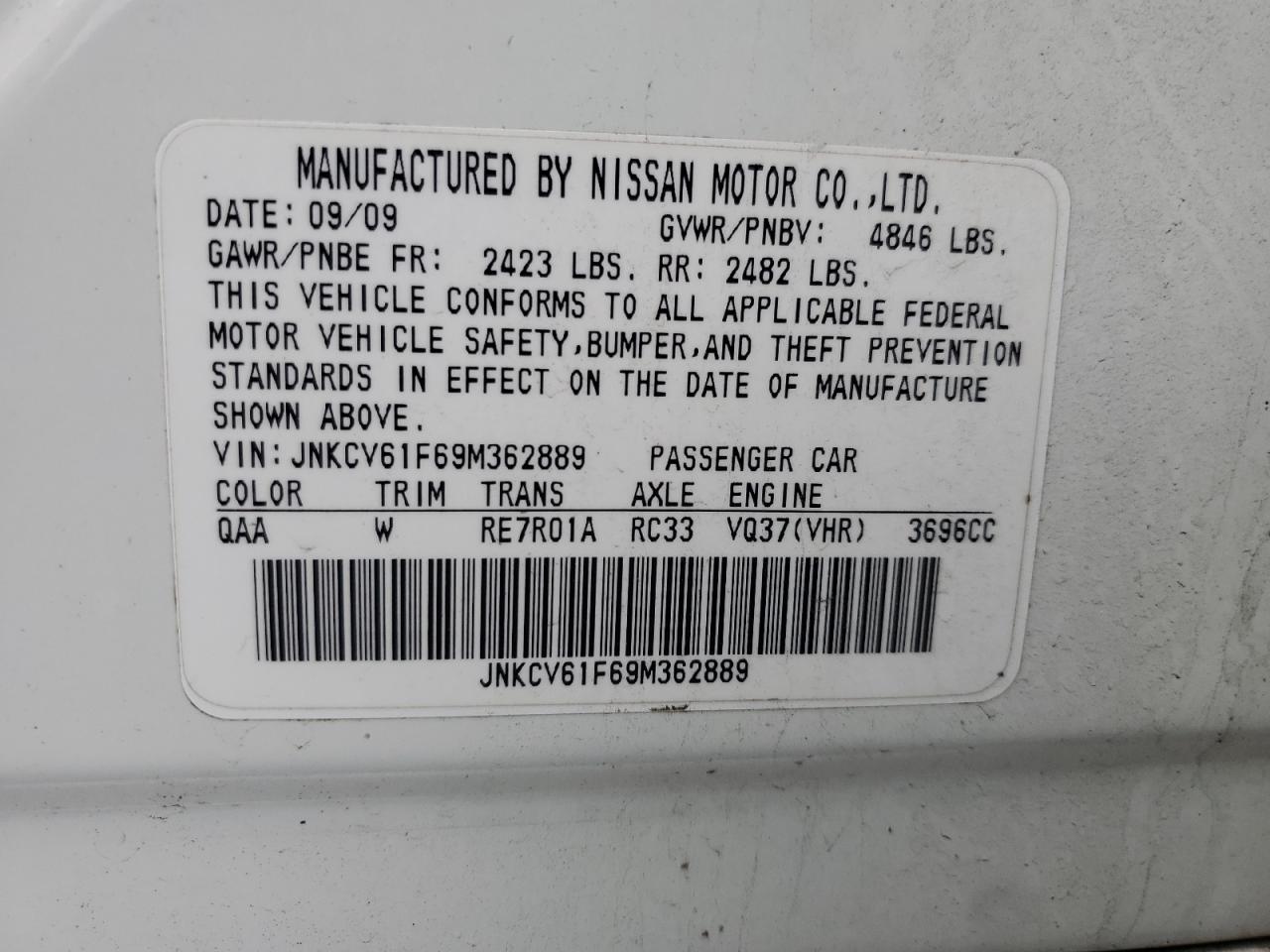 2009 Infiniti G37 VIN: JNKCV61F69M362889 Lot: 57115265