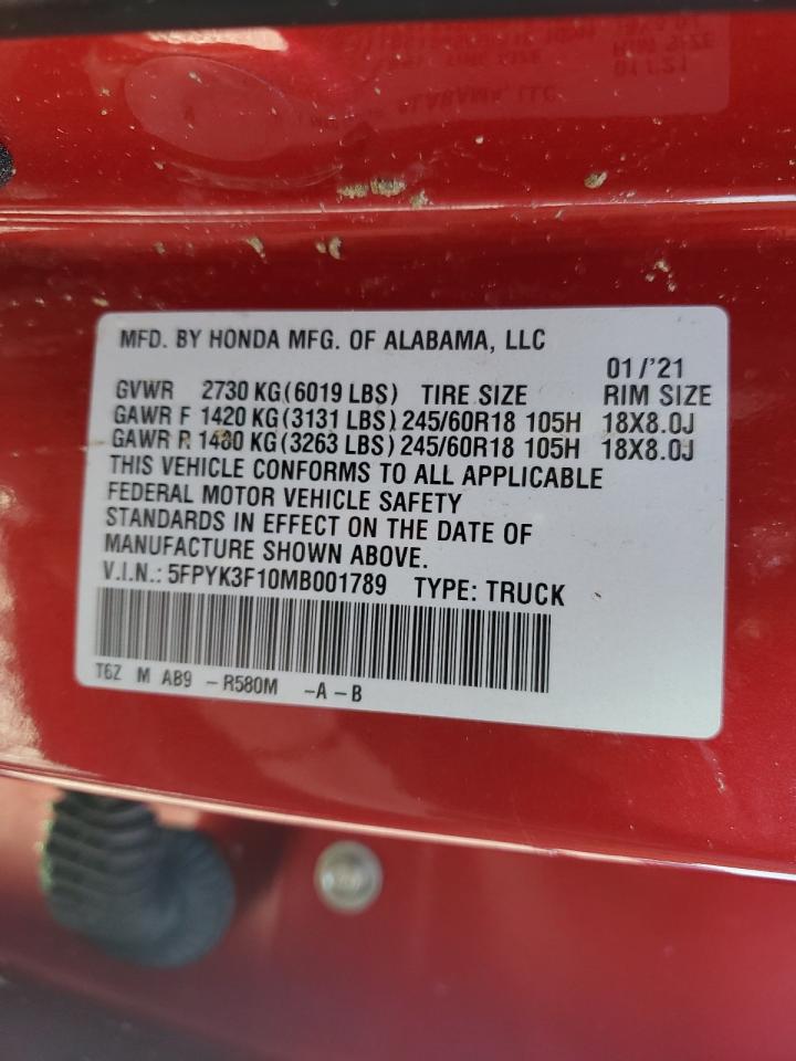 2021 Honda Ridgeline Sport VIN: 5FPYK3F10MB001789 Lot: 56843985