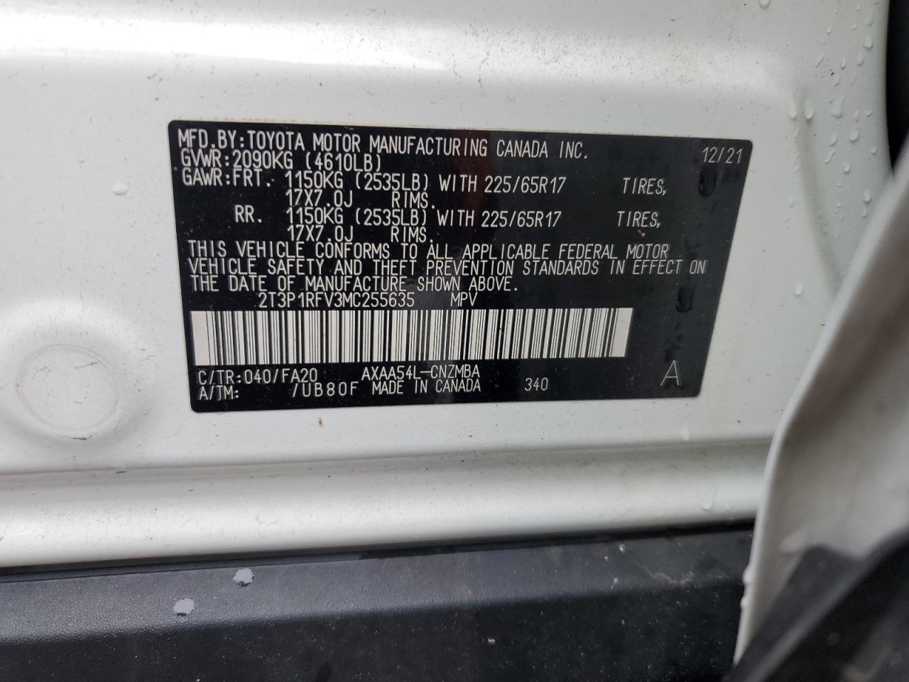 2021 Toyota Rav4 Xle VIN: 2T3P1RFV3MC255635 Lot: 58304975