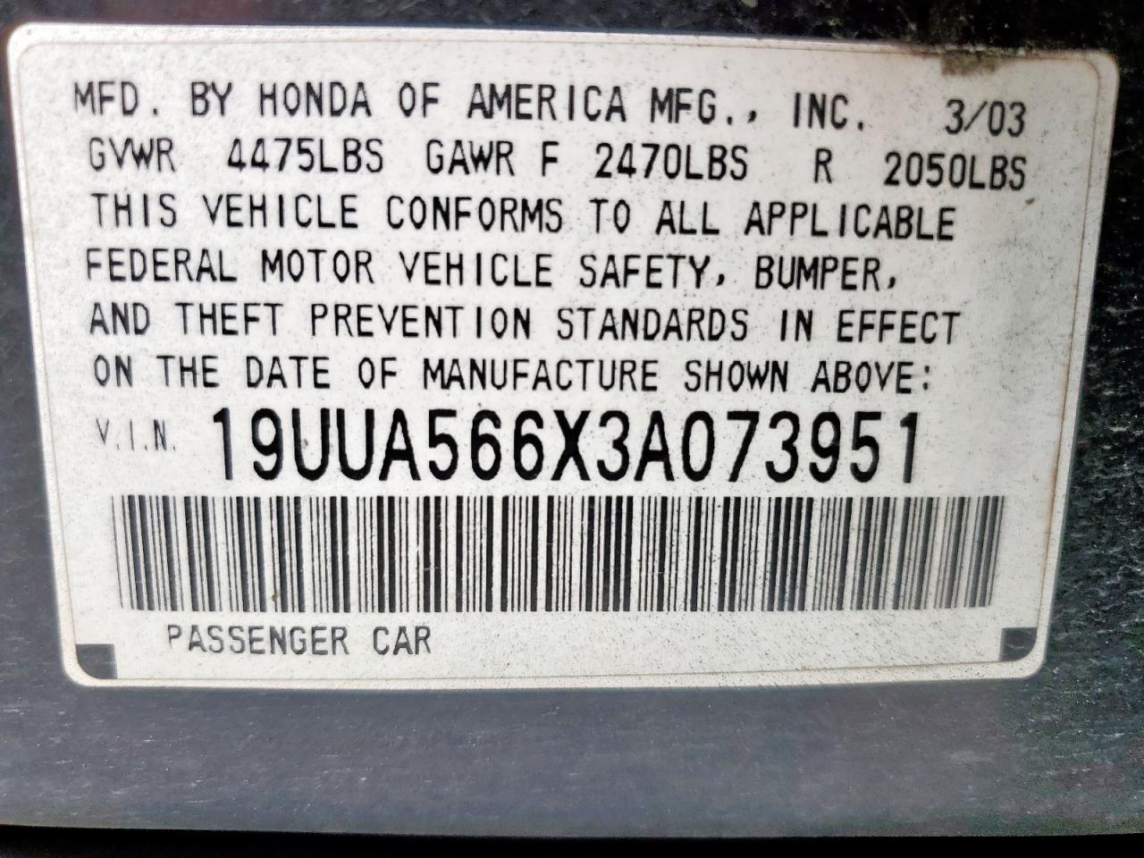 2003 Acura 3.2Tl VIN: 19UUA566X3A073951 Lot: 57143315