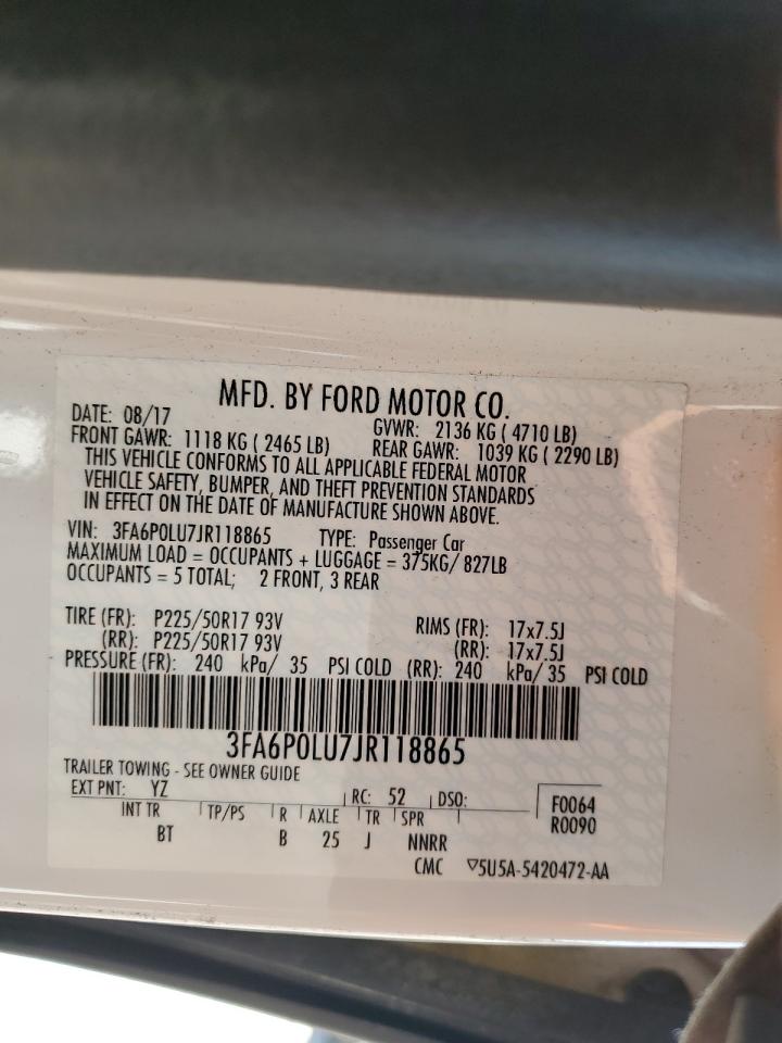 2018 Ford Fusion Se Hybrid VIN: 3FA6P0LU7JR118865 Lot: 54027805