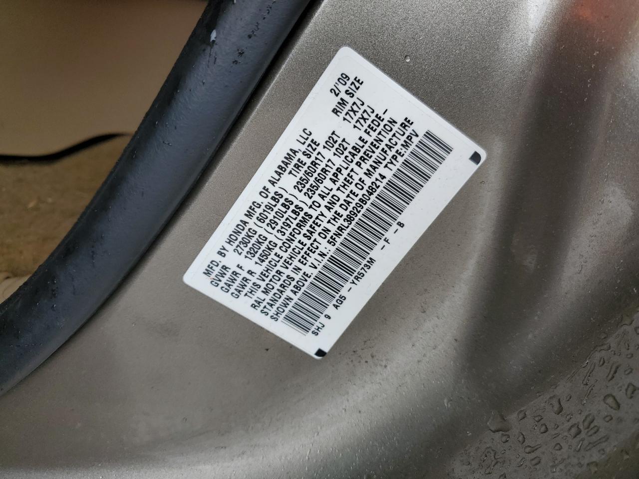 2009 Honda Odyssey Touring VIN: 5FNRL38929B048214 Lot: 56735165