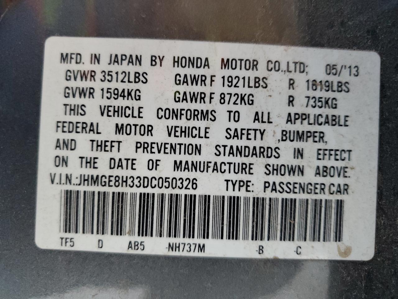 2013 Honda Fit VIN: JHMGE8H33DC050326 Lot: 57305535