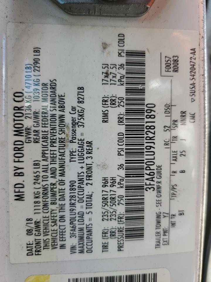 2018 Ford Fusion Se Hybrid VIN: 3FA6P0LU9JR281890 Lot: 54027705