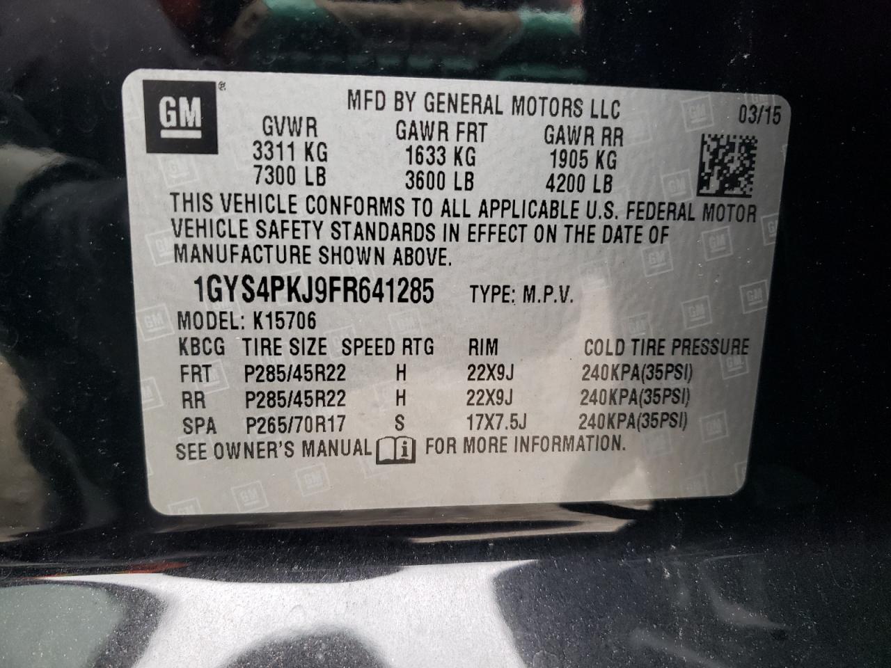 2015 Cadillac Escalade Platinum VIN: 1GYS4PKJ9FR641285 Lot: 58336925