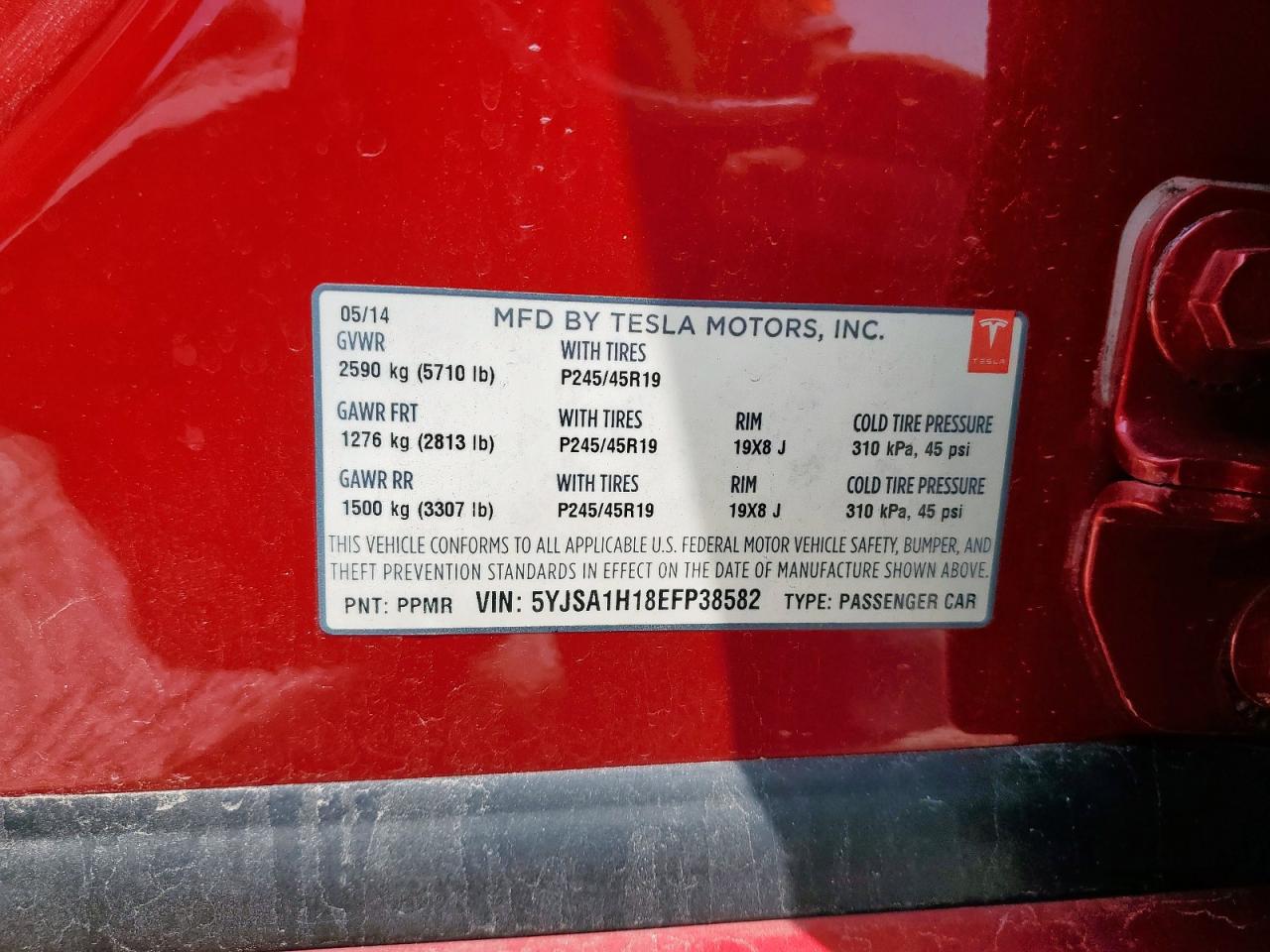 2014 Tesla Model S VIN: 5YJSA1H18EFP38582 Lot: 56581735