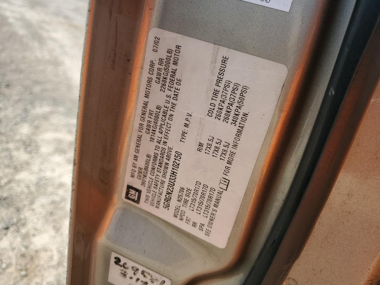 2003 Hummer H2 VIN: 5GRGN23U33H102150 Lot: 56997295