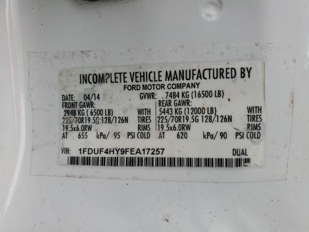 2015 Ford F450 Super Duty VIN: 1FDUF4HY9FEA17257 Lot: 58796425