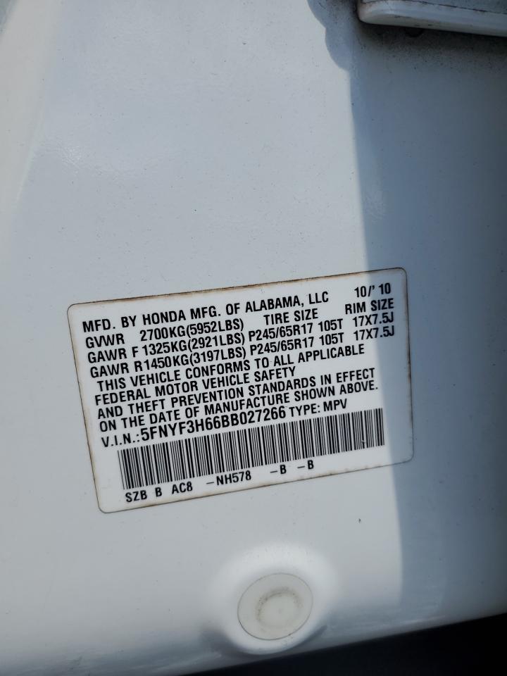 2011 Honda Pilot Exl VIN: 5FNYF3H66BB027266 Lot: 56844425