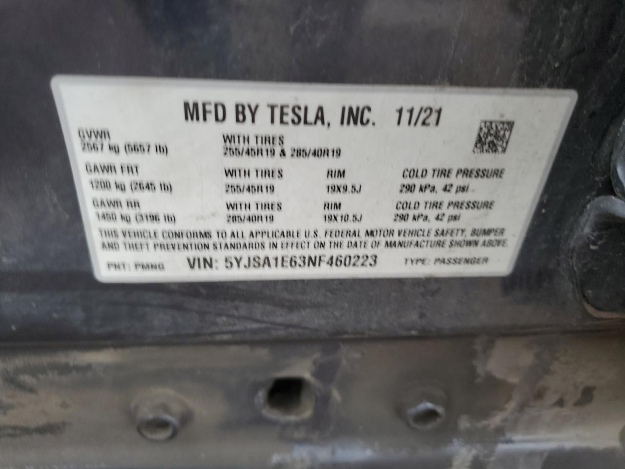 2022 Tesla Model S VIN: 5YJSA1E63NF460223 Lot: 56127155
