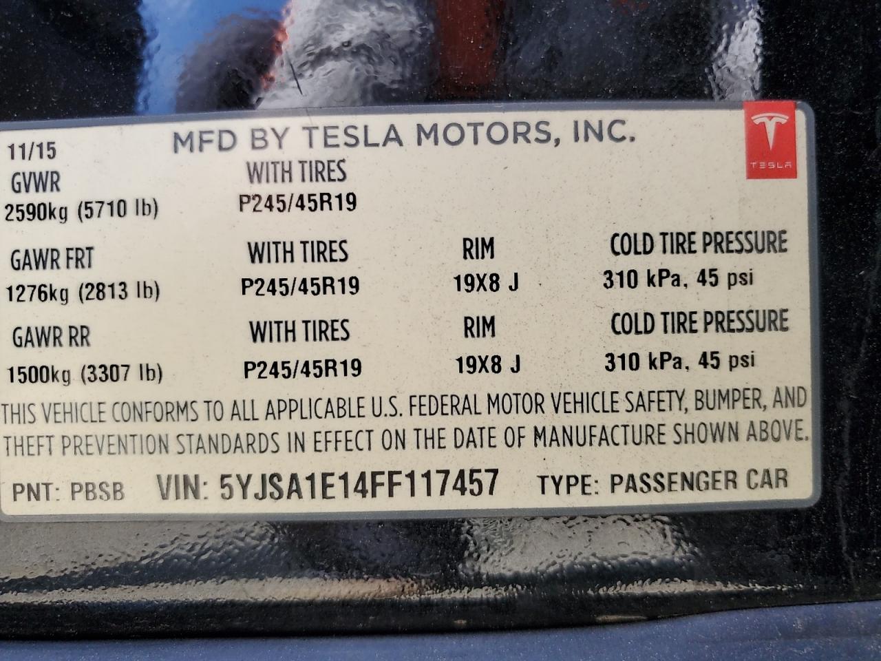 2015 Tesla Model S VIN: 5YJSA1E14FF117457 Lot: 57451205
