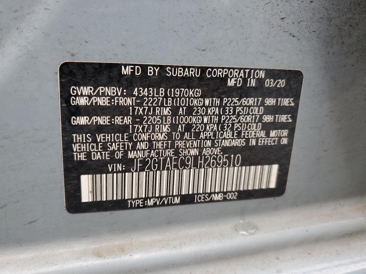 2020 Subaru Crosstrek Premium VIN: JF2GTAEC9LH269510 Lot: 57081455
