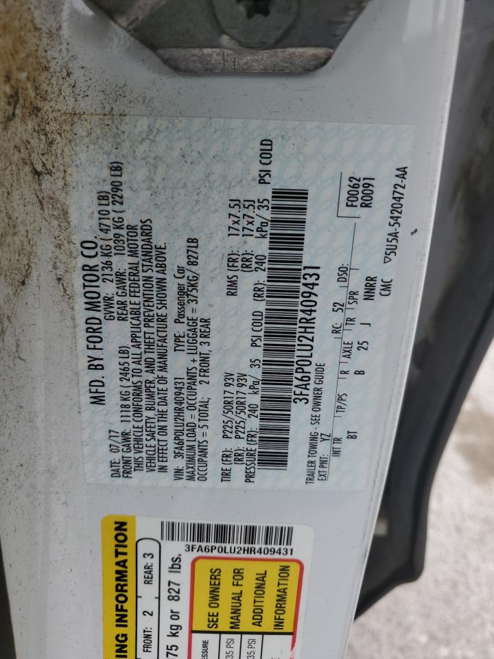 2017 Ford Fusion Se Hybrid VIN: 3FA6P0LU2HR409431 Lot: 54040105