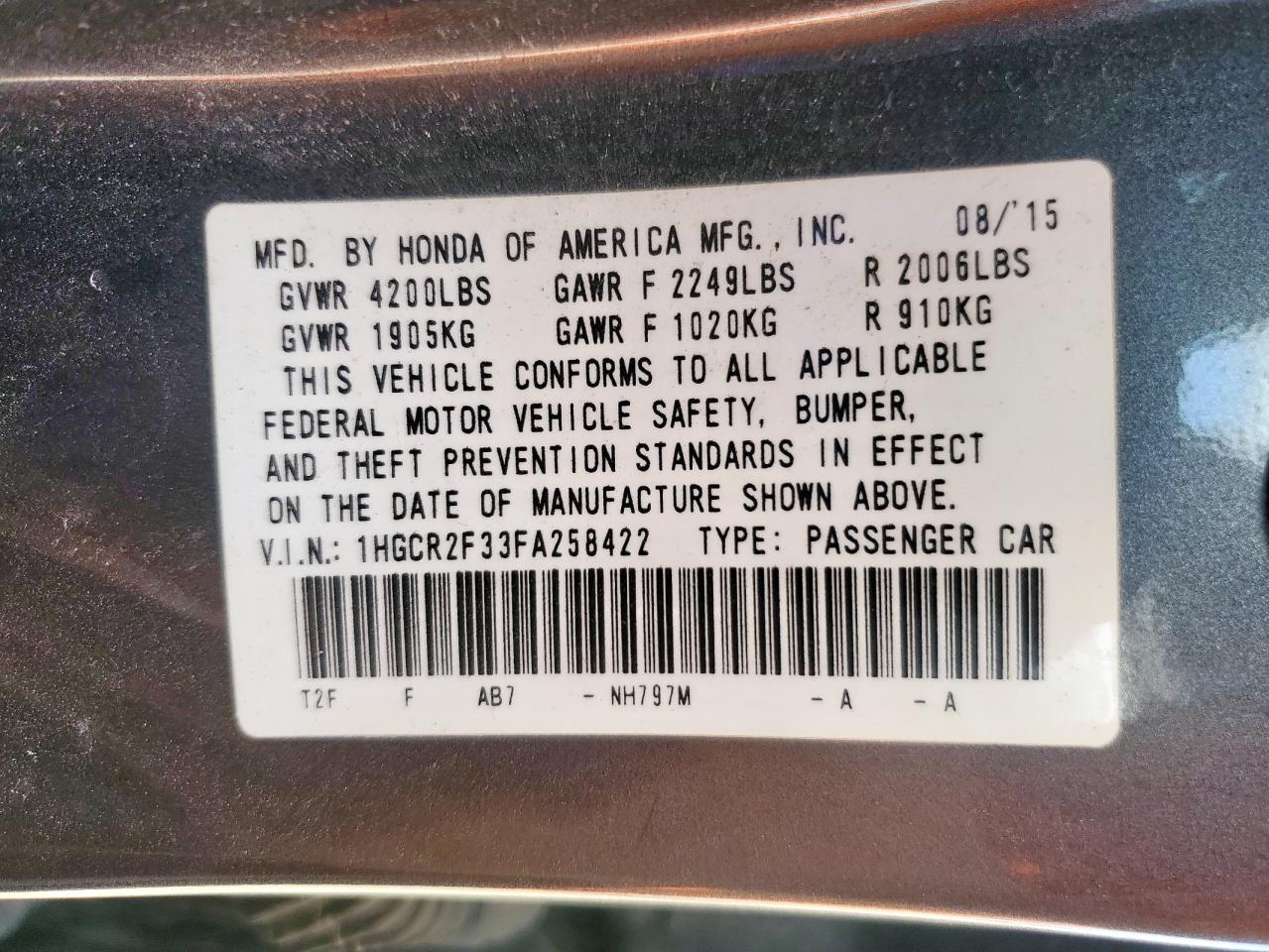 2015 Honda Accord Lx VIN: 1HGCR2F33FA258422 Lot: 54428065