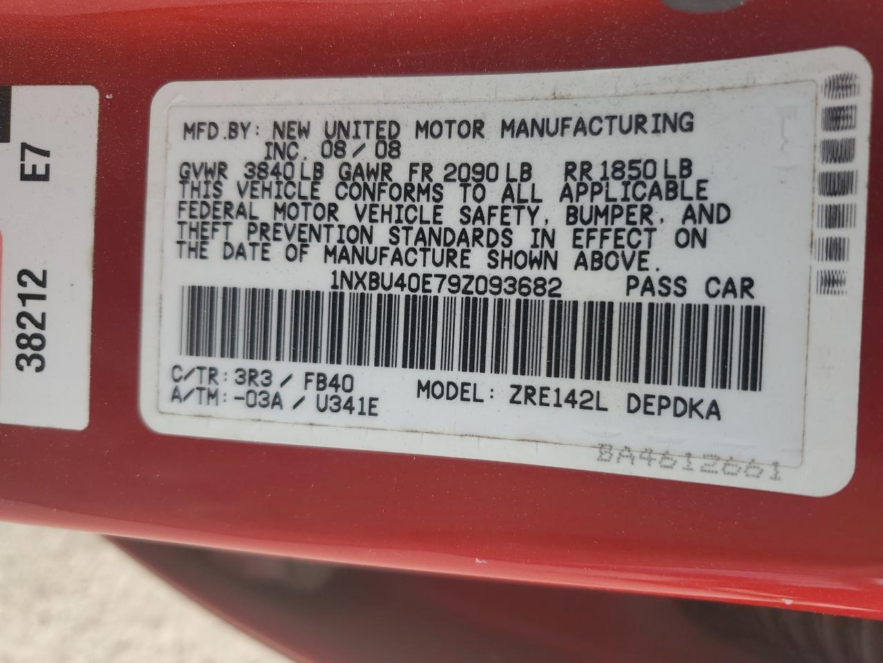 2009 Toyota Corolla Base VIN: 1NXBU40E79Z093682 Lot: 56007135