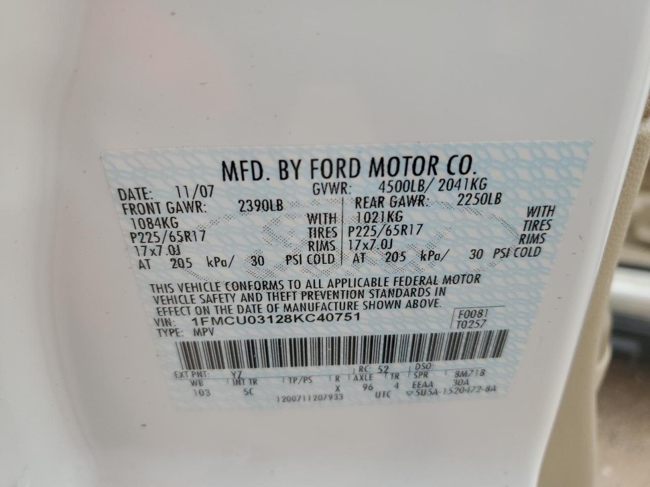 2008 Ford Escape Xlt VIN: 1FMCU03128KC40751 Lot: 55125865