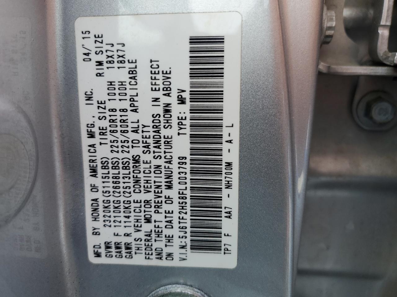 2015 Honda Crosstour Exl VIN: 5J6TF2H58FL003799 Lot: 56721885