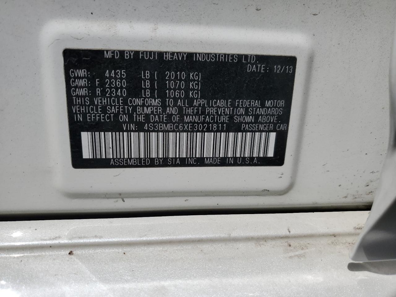 2014 Subaru Legacy 2.5I Premium VIN: 4S3BMBC6XE3021811 Lot: 56243025
