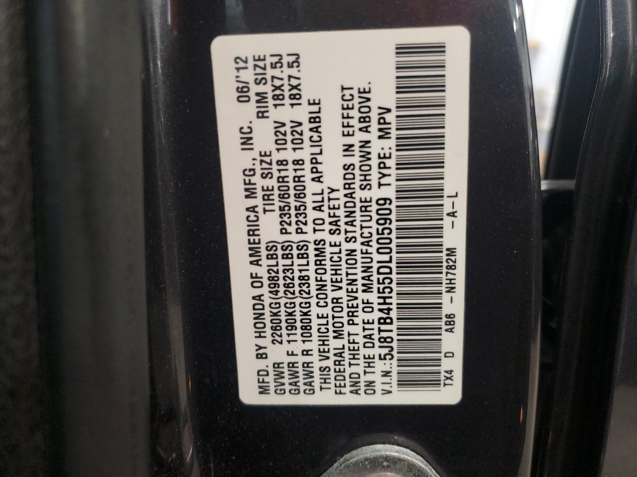 2013 Acura Rdx Technology VIN: 5J8TB4H55DL005909 Lot: 57088245
