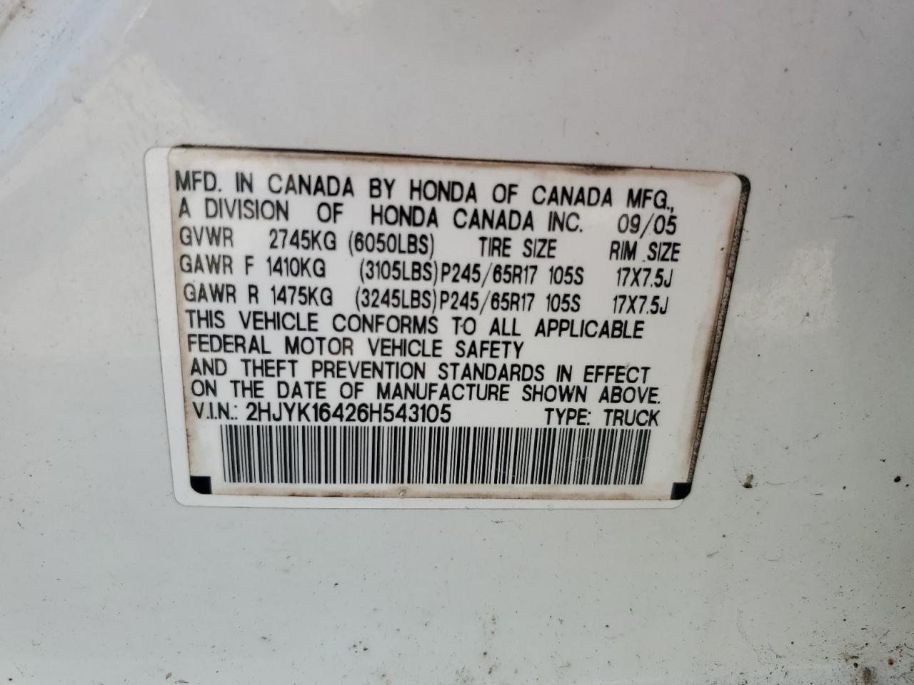 2006 Honda Ridgeline Rts VIN: 2HJYK16426H543105 Lot: 55626035