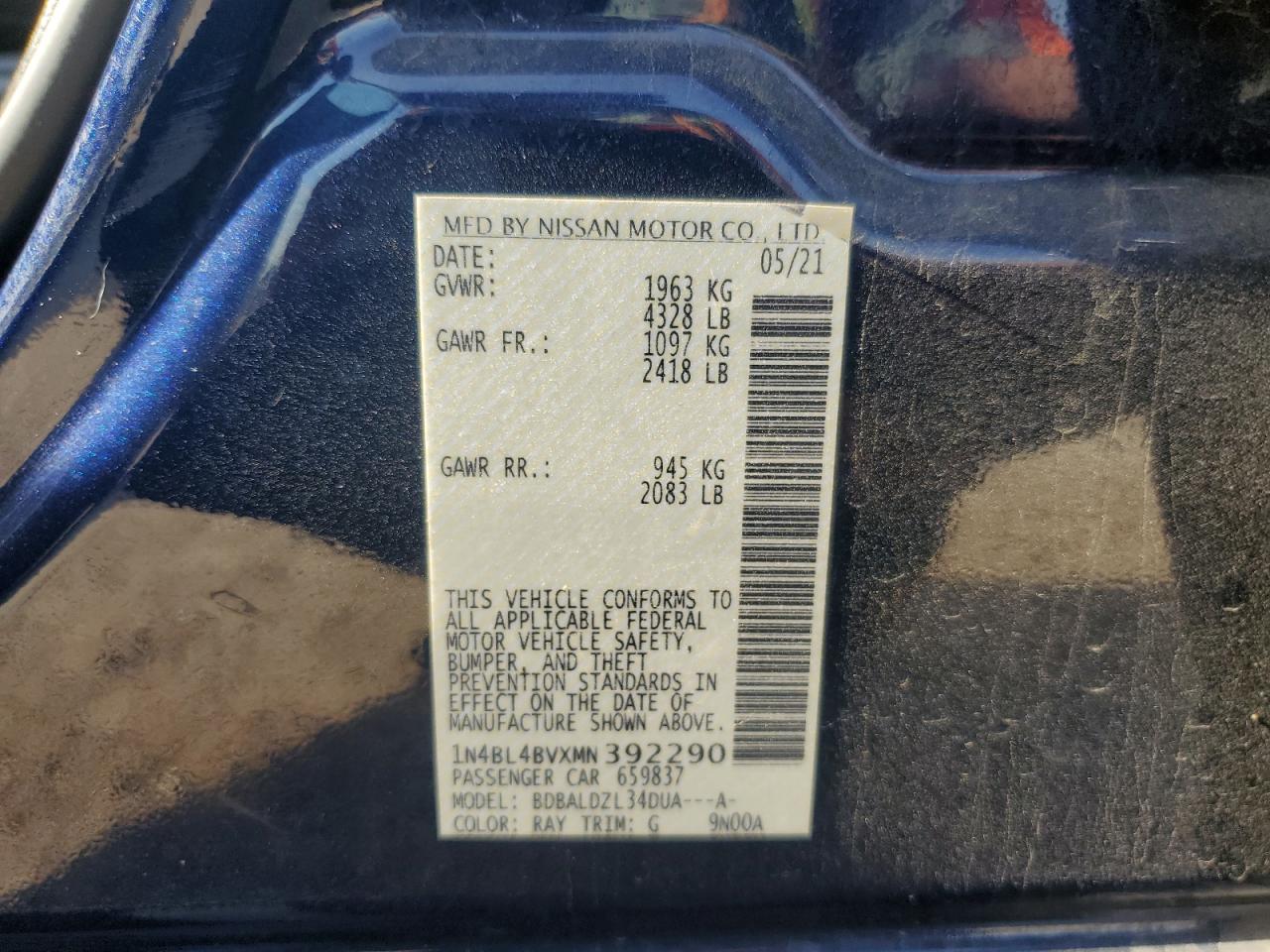 2021 Nissan Altima S VIN: 1N4BL4BVXMN392290 Lot: 56895085