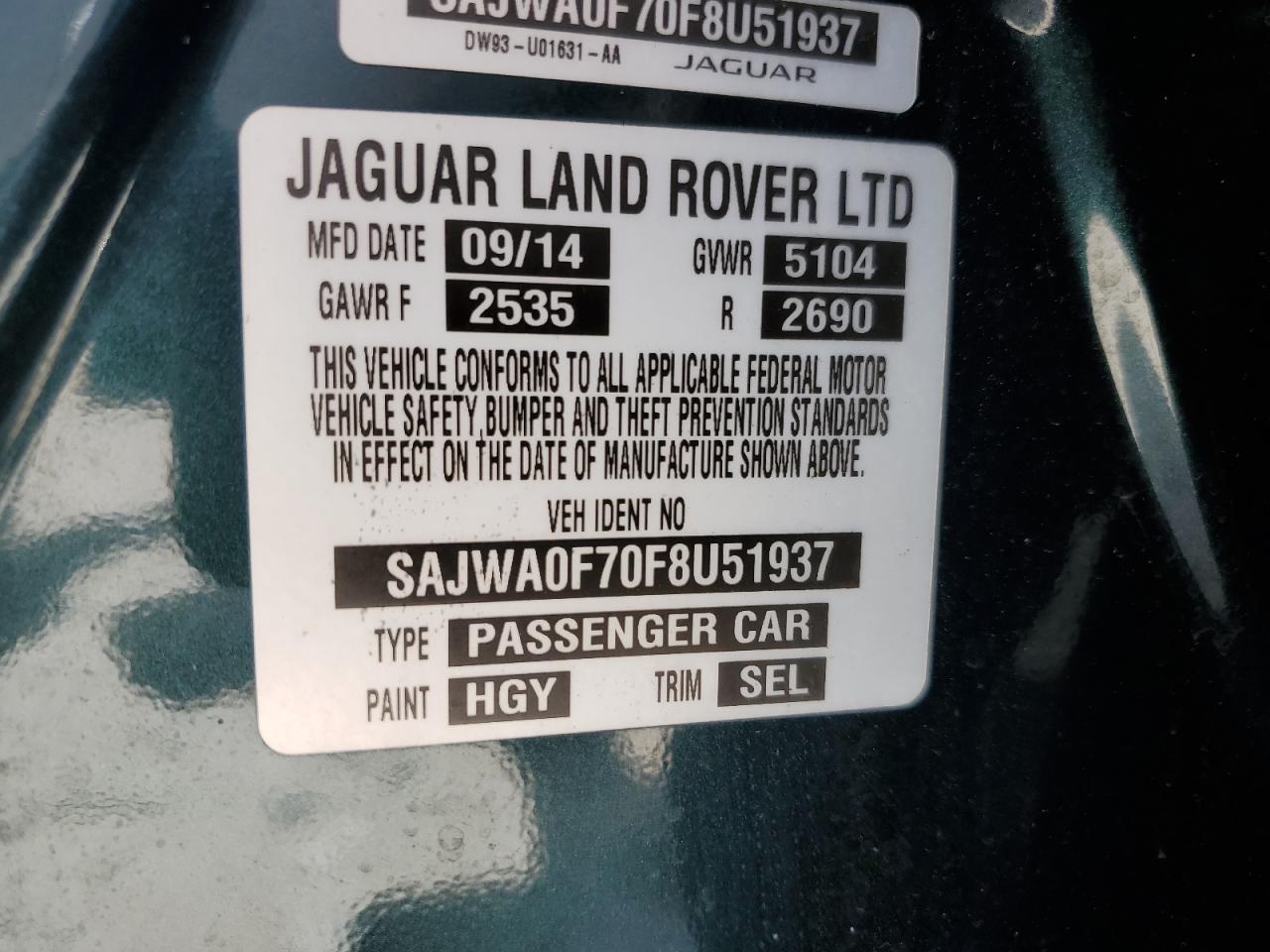 2015 Jaguar Xf 3.0 Sport VIN: SAJWA0F70F8U51937 Lot: 57846225