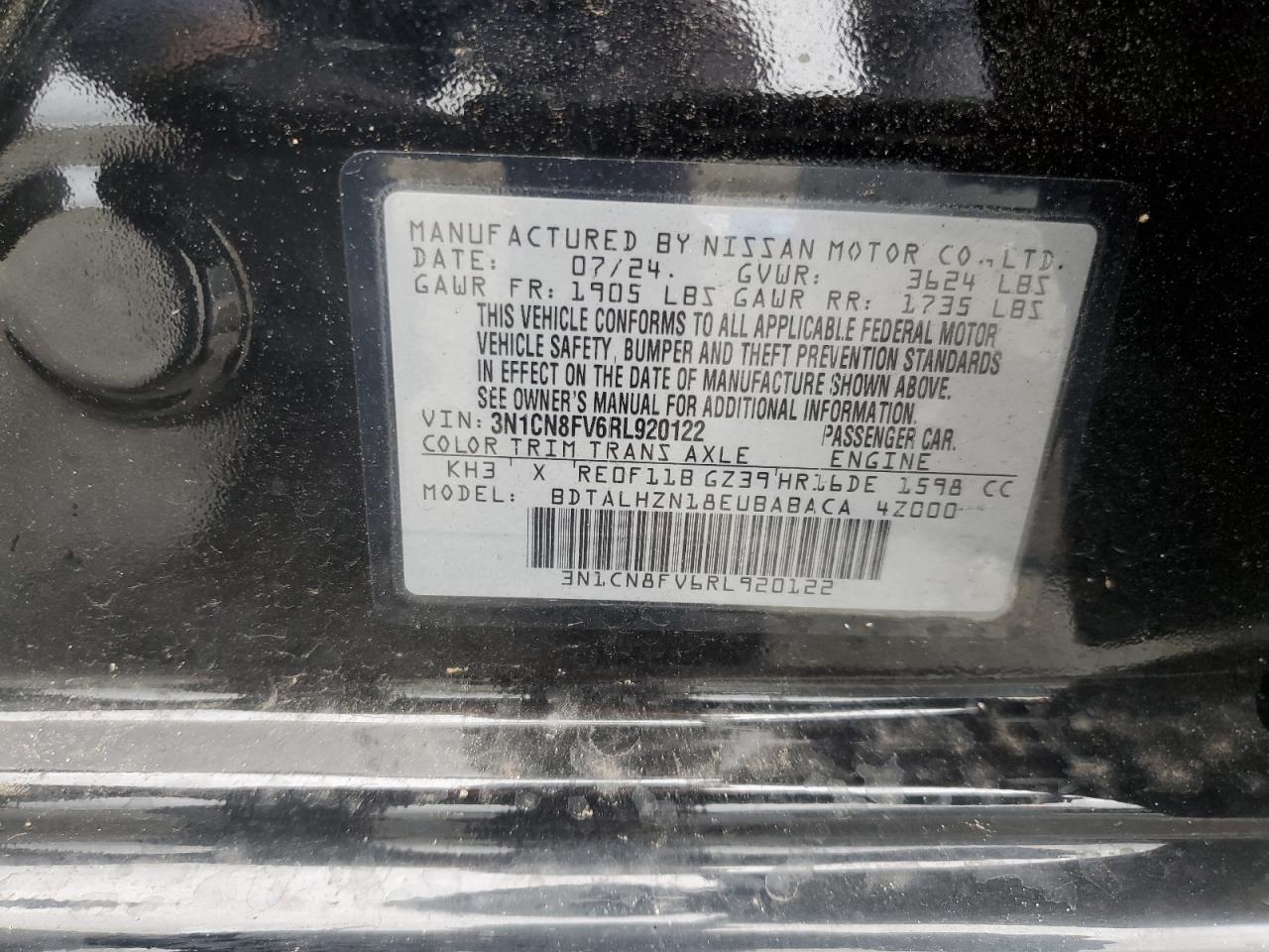 2024 Nissan Versa Sr VIN: 3N1CN8FV6RL920122 Lot: 56562165